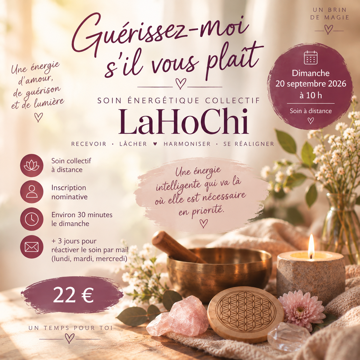 Soin énergétique collectif LaHoChi à distance : Dimanche 20 septembre 2026 à 10 h